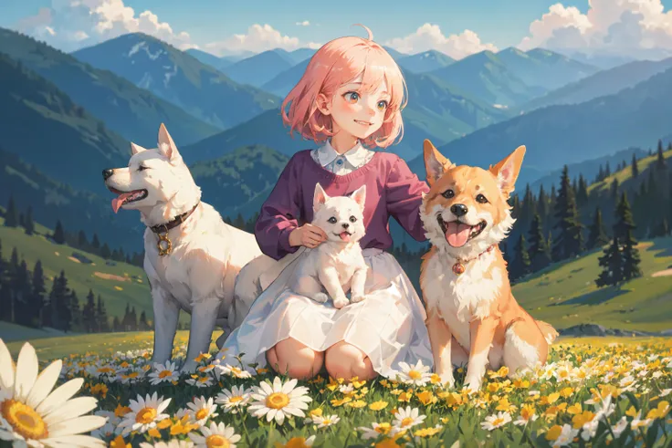 Highest quality、High resolution、Detailed Background、Beautiful face in every detail、Anatomically correct、Detailed facial expressions、fine grain、((full body, from below, side view)), ((One Girl))、Chibi Girl、Cute hair color、Big beautiful blue eyes、Braided twin tails、Elementary school, (Tank top、Vneck、mini skirt、Cute Shoes)、break grassland、((Lying face down、Rest your chin on your hands and bend your knees))、((A giant white puppy))、((Meeting a dog))、Poke with your finger、I'm a little scared、I have a lot of tears in my eyes、An expression that looks like it's about to cry、Close up hands、