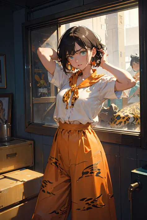 (masterpiece, best quality), female eighteen, statuesque, sub-saharan african, turquoise eyes, straight nose, pointed chin with cleft, high jawline, symmetrical cheeks, unusual face shape, expressive fingers, , tangerine
choppy haircut hair, interest
wearing wide-leg culottes, __bo/properties/color__ leopard print velour
camisole,
, hands on head, displaying frustration