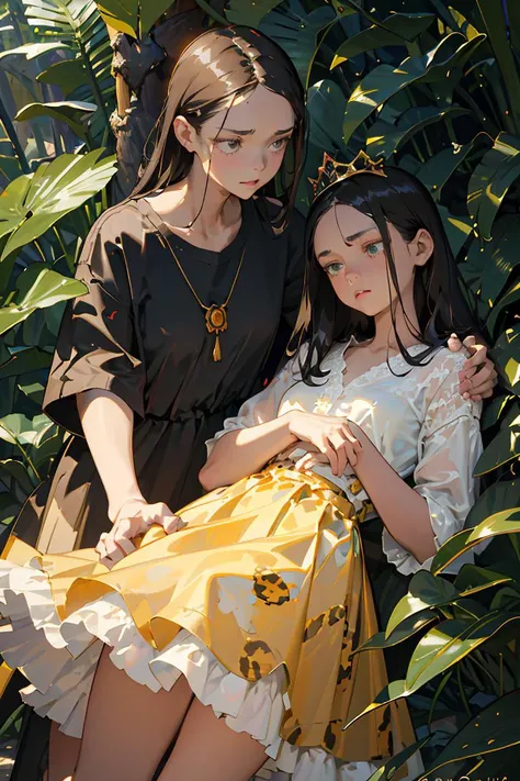 (masterpiece, best quality), female adolescence, sleek, afro-caribbean, dark green eyes, unusual nose, square chin with cleft, , brunette
slicked-back hair hair, disapproval
wearing shirt dress, __bo/properties/color__ chantilly lace leopard print
scoop-neck top, sneakers, tiara, ,
, leaning back with hands behind head, showing relaxation