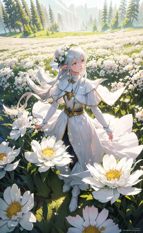 masterpiece, best quality, 1girl, elf adventurer walking through a field of white flowers, dutch angle, cinematic, volumetric lighting, sunbeam, soft lighting, mystical, magical, rim lighting, fantasy, sparkle, glittering