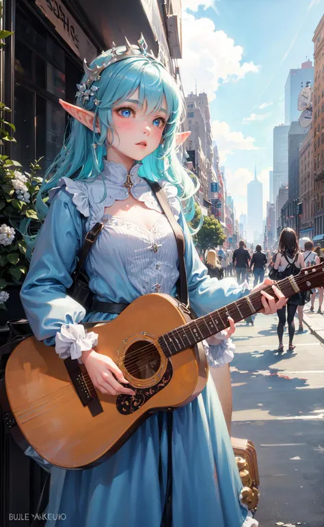masterpiece, best quality, 1girl, the cloud elf queen busks on the streets of new york, small crowd gathering around the performance, casual