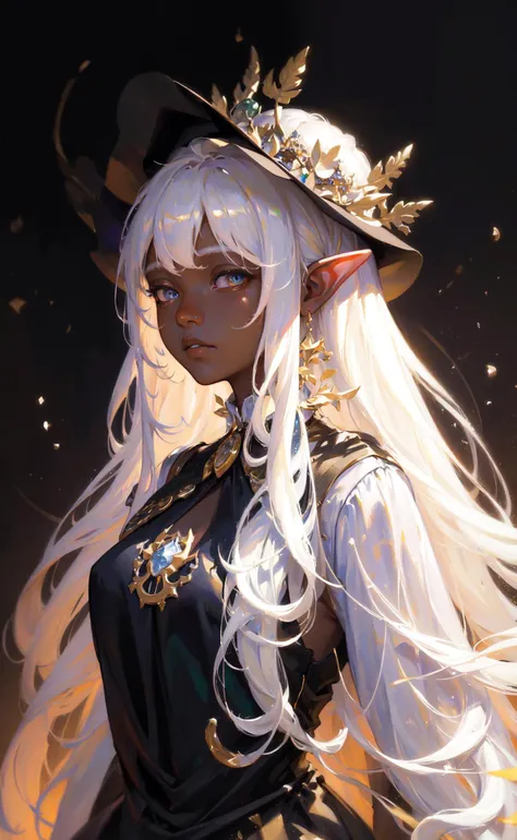 masterpiece, best quality, John Singer Sargent, 1girl, elf queen, very long platinum blonde hair, dark skin, oil painting portrait, simple background