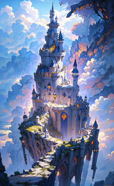 masterpiece, best quality, realistic fantasy illustration, wizard tower resting at a cliff, cloudy sky, volumetric lighting