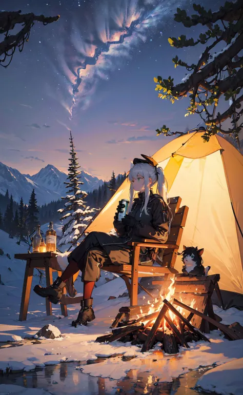 masterpiece, best quality, detailed background, ultra-detailed, illustration, 1girl, solo, outdoors, camping, night, mountains, nature, stars, moon, bonfire, tent, twin ponytails, green eyes, cheerful, happy, backpack, sleeping bag, camping stove, water bottle, mountain boots, gloves, sweater, hat, flashlight, forest, rocks, river, wood, smoke, shadows, contrast, clear sky, constellations, Milky Way, peaceful, serene, quiet, tranquil, remote, secluded, adventurous, exploration, escape, independence, survival, resourcefulness, challenge, perseverance, stamina, endurance, observation, intuition, adaptability, creativity, imagination, artistry, inspiration, beauty, awe, wonder, gratitude, appreciation, relaxation, enjoyment, rejuvenation, mindfulness, awareness, connection, harmony, balance, texture, detail, realism, depth, perspective, composition, color, light, shadow, reflection, refraction, tone, contrast, foreground, middle ground, background, naturalistic, figurative, representational, impressionistic, expressionistic, abstract, innovative, experimental, unique