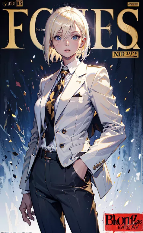 (Forbes magazine cover:1.1), masterpiece, best quality, 1girl, short hair, platinum blonde hair, blazer, shirt, trousers