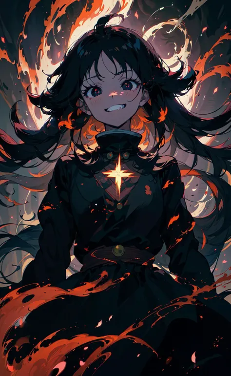 (80s anime screencap:1.2), masterpiece, best quality, Black long straight hair, empty eyes, Black eyes, no pupils, evil grin, flowing black dress, magic wand, forest background, dark black smoke aura, battle