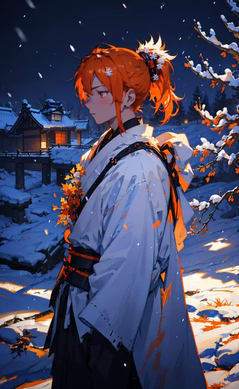 masterpiece, best quality, 1boy, samurai, short orange hair, ponytail, winter, snow, snowing, snowflakes, volumetric lighting, rim lighting