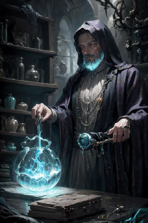 realistic, masterpiece, best quality, old wise wizard mixing potions, moody lighting, glow, glowing, mysterious, mystical, magical, rim lighting