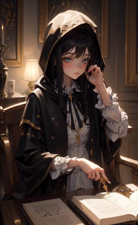 masterpiece, best quality, John Singer Sargent, young sorceress studying, hood up, moody lighting, tranquil, calm, glow, glowing, mystical, magical, rim lighting