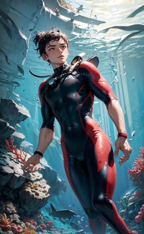 masterpiece, best quality, 1boy, male diver diving in a coral reef, short hair, ponytail, wetsuit, goggles, muscular, toned, underwater