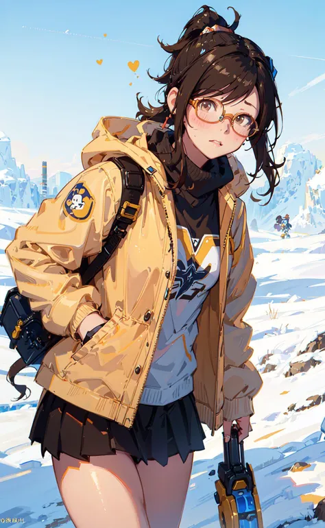 masterpiece, best quality, 1girl, (mei \(overwatch\):1.1), ponytail, brown hair, glasses, hair ornament, blush,