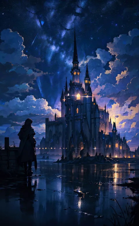 masterpiece, best quality, everyday life in the cloud kingdom, dark moody lighting, (night, night sky, starry sky, star \(sky\), sparkle:1.1)
