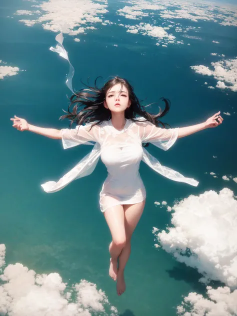 RAW photo, movie still, realistic, photo of 25 y.o woman floating in the sky, (high detailed skin:1.2), 8k uhd, dslr, soft lighting, high quality, film grain, Fujifilm XT3