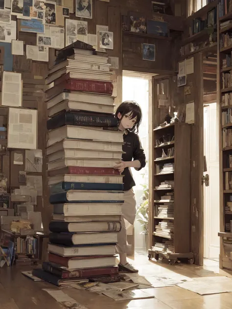 masterpiece, best quality, trying to carry way too many books at once