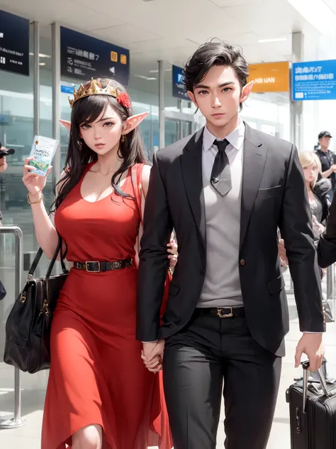 masterpiece, best quality, paparazzi photo of the elf king and queen arriving at the airport