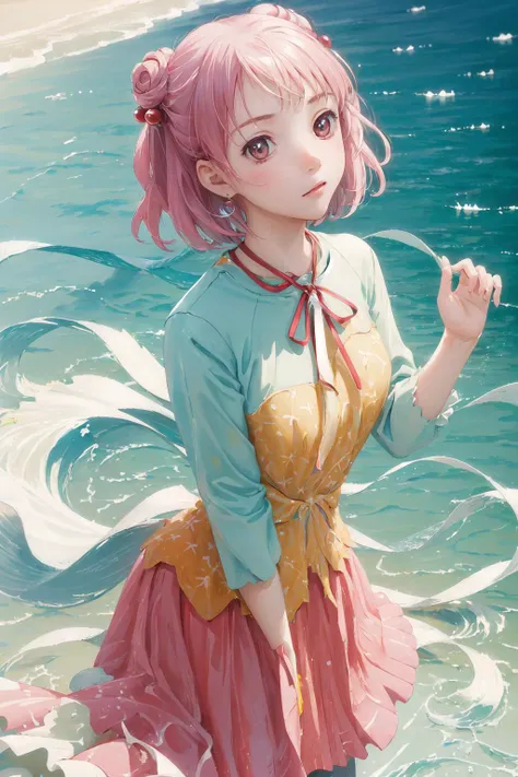 (((masterpiece, best quality))),((1girl)),solo,closed mouth, full body,breasts,cleavage,water,swim in ocean,looking at viewer, ocean, air bubble, coral, swimming, deepwater,fishes