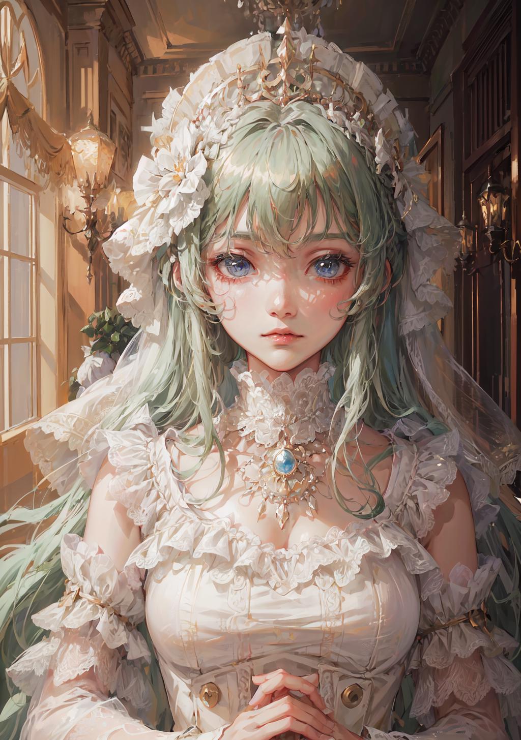 Anime girl in a wedding dress with a veil and a tiable - SeaArt AI
