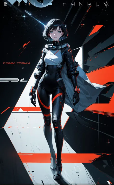space thriller movie poster, masterpiece, best quality, 1girl, (Bauhaus, shapes, lines, abstract:1.1)