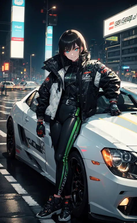 masterpiece, best quality, leaning against car, underground street racing, oversized racing jacket, racing gloves, oversized clothes, night, glow, glowing, close-up, smug, (smile:0.8)