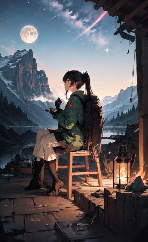 masterpiece, best quality, ultra-detailed, illustration, 1girl, solo, outdoors, camping, night, mountains, nature, stars, moon, bonfire, tent, twin ponytails, green eyes, cheerful, happy, backpack, sleeping bag, camping stove, water bottle, mountain boots, gloves, sweater, hat, flashlight, forest, rocks, river, wood, smoke, shadows, contrast, clear sky, constellations, Milky Way, peaceful, serene, quiet, tranquil, remote, secluded, adventurous, exploration, escape, independence, survival, resourcefulness, challenge, perseverance, stamina, endurance, observation, intuition, adaptability, creativity, imagination, artistry, inspiration, beauty, awe, wonder, gratitude, appreciation, relaxation, enjoyment, rejuvenation, mindfulness, awareness, connection, harmony, balance, texture, detail, realism, depth, perspective, composition, color, light, shadow, reflection, refraction, tone, contrast, foreground, middle ground, background, naturalistic, figurative, representational, impressionistic, expressionistic, abstract, innovative, experimental, unique