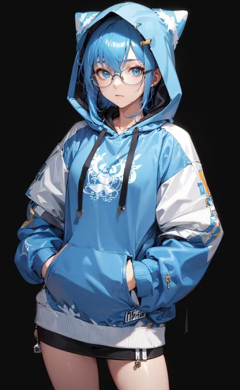 masterpiece, best quality, 1girl, blue hair, medium hair, hoodie, hood up, glasses, jewelry, simple background