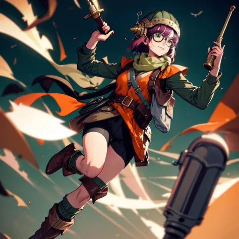 1girl, lucca, best quality, masterpiece, highly detailed, cinematic lighting, in the style of steampunk futurism, etam cru, hunter green and brass, michael creese, steelpunk, michael hussar, simple background
Face: beautiful detailed face, green eyes, prominent eyelashes, smile,
Clothes: large round glasses, helmet, earpiece with antenna, long orange vest, thick leather belt, hip pouch filled with tools, neckerchief, green sweater, spats, short leather boots, green ankle socks, holding a brass hammer,
Hair: purple hair, short straight hair, shiny hair,