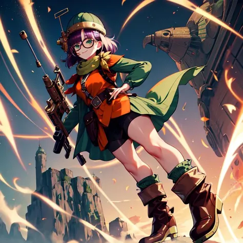 1girl, lucca, best quality, masterpiece, in the style of steampunk futurism, roboticism,
Face: beautiful detailed face, green eyes, prominent eyelashes, smile,
Clothes: large round glasses, helmet with antenna, wearing an orange tunic over a green sweater, thick leather belt with an elaborate gun holster, neckerchief, spats, short leather boots, green ankle socks, holding an esoteric 1970's sci-fi styled brass gun,
Hair: purple hair, short straight hair, shiny hair,