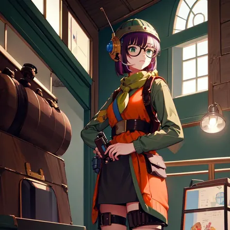1girl, lucca, best quality, masterpiece, highly detailed, building a robot, factory, indoors,
Face: beautiful detailed face, beautiful detailed eyes, green eyes, prominent eyelashes, look of concentration,
Clothes: large round glasses, helmet with built-in antenna and microphone, wearing a long orange tunic over a green sweater, thick leather belt with an elaborate gun holster, neckerchief, spats, short leather boots, green ankle socks, 
Hair: purple hair, short straight hair, shiny hair,