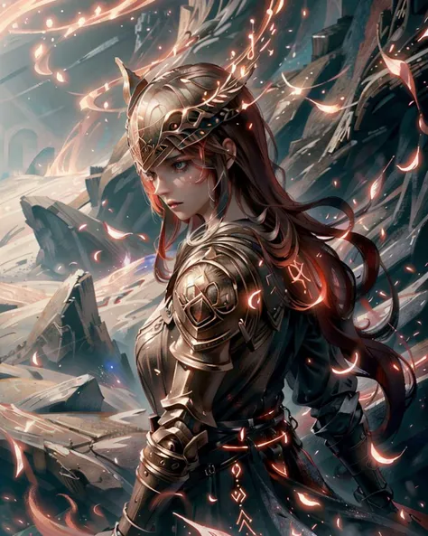 masterpiece, best quality, ((full body)), red glowing rune on weapon, realistic, 1girl, blonde hair, beautiful and aesthetic, seeing sky, relaxing, dramatic, fantasy and iconic background, moody lighting, rim lighting, side lighting, cinematic light, expansive, mythical, magical, ultra high res, 8k uhd, film grain,best shadow, delicate, RAW, light particles, shiny skin, detailed skin texture, detailed armor texture, beautiful detailed face, intricate details, ultra detailed <lora:MaleniaMv3:0.8>, <lora:hipoly_3dcg_v7-epoch:0.5>, <lora:GlowingRunesAIV6:0.8>