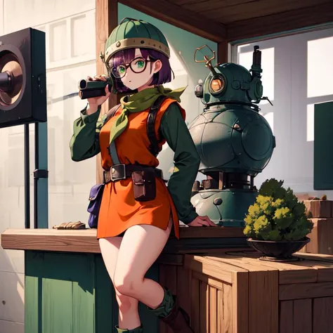 1girl, lucca, best quality, masterpiece, highly detailed, inventing a humanoid robot, indoors,
Face: beautiful detailed face, beautiful detailed eyes, green eyes, prominent eyelashes, look of concentration,
Clothes: large round glasses, helmet with built-in antenna and microphone, long orange tunic, green undershirt, thick leather belt with an elaborate gun holster, neckerchief, spats, short leather boots, green ankle socks,
Hair: purple hair, short straight hair, shiny hair,