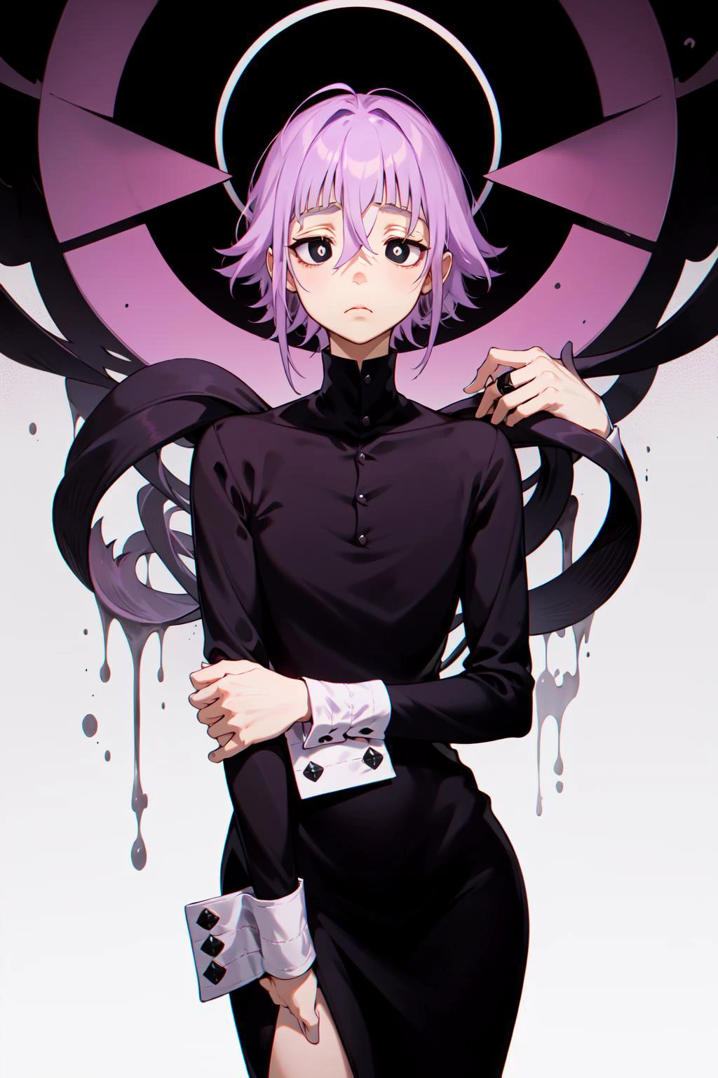 absurdres, best quality, androgynous, solo, looking at viewer, <lyco:GoodHands-beta2:1.0>, <lora:crona:0.5>, Crona, (nervous:1), (scared:0.75), (hand on own arm:0.5), cuff links, hair between eyes, black dress, purple hair, blunt bangs, closed mouth, hair flaps, long sleeves, solid circle pupils, black eyes,