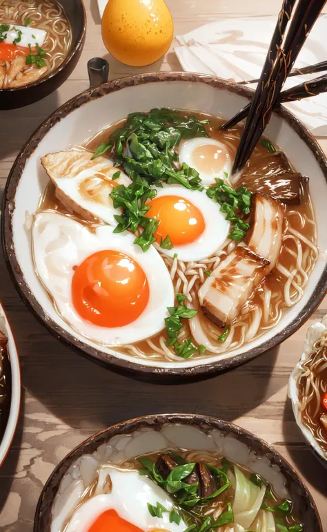 ultra detailed 8k cg, japanese ramen, chopsticks, egg, steam