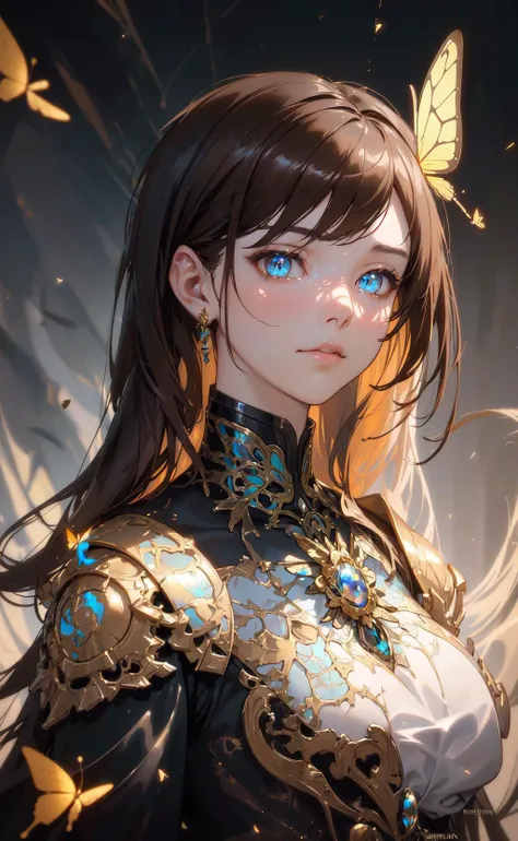 8k portrait of beautiful cyborg with brown hair, intricate, elegant, highly detailed, majestic, digital photography, art by artgerm and ruan jia and greg rutkowski surreal painting gold butterfly filigree, broken glass, (masterpiece, sidelighting, finely detailed beautiful eyes: 1.2), hdr,