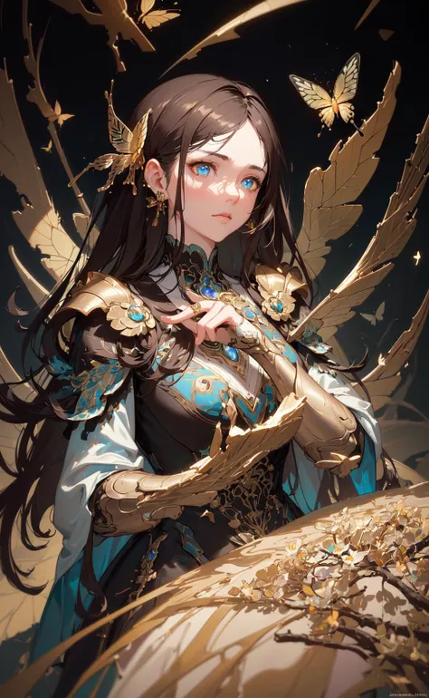 8k portrait of beautiful cyborg with brown hair, intricate, elegant, highly detailed, majestic, digital photography, art by artgerm and ruan jia and greg rutkowski surreal painting gold butterfly filigree, broken glass, (masterpiece, sidelighting, finely detailed beautiful eyes: 1.2), hdr,