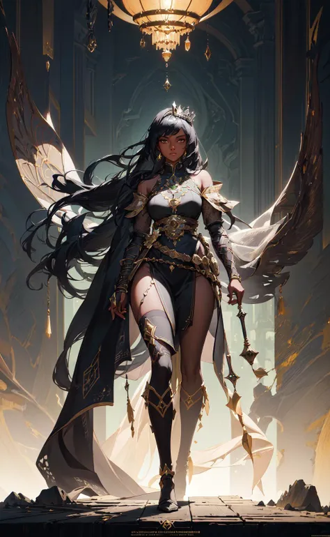 modelshoot style, (extremely detailed CG unity 8k wallpaper), full shot body photo of the most beautiful artwork in the world, medieval queen, green vale, dark skin, black woman, golden crown, diamonds, medieval architecture, professional majestic oil painting by Ed Blinkey, Atey Ghailan, Studio Ghibli, by Jeremy Mann, Greg Manchess, Antonio Moro, trending on ArtStation, trending on CGSociety, Intricate, High Detail, Sharp focus, dramatic, photorealistic painting art by midjourney and greg rutkowski