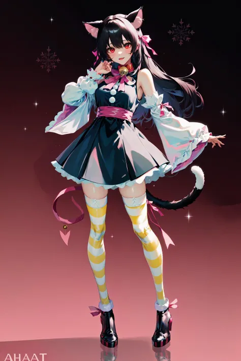 absurdres, best quality, 1girl, solo, <lyco:GoodHands-beta2:0.7>, red eyes, black hair, long hair, large breasts, <lora:ahCat:1>, ahCat, blue theme, cat ears, blue dress, sleeveless dress, pink ribbon, large ribbon, striped thighhighs, detached sleeves, collar, jingle bell