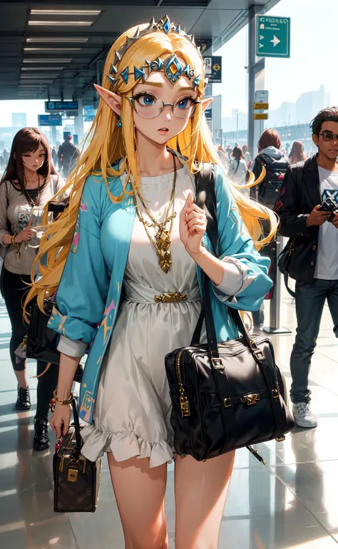 masterpiece, best quality, paparazzi photo of princess zelda arriving at the airport, casual
