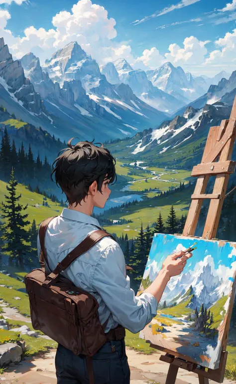 masterpiece, best quality, 1boy, plein air painting in the mountains