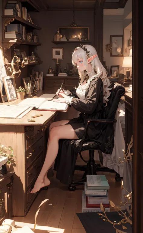 masterpiece, best quality, 1girl, elf studying in her studio apartment, Manhattan, cluttered