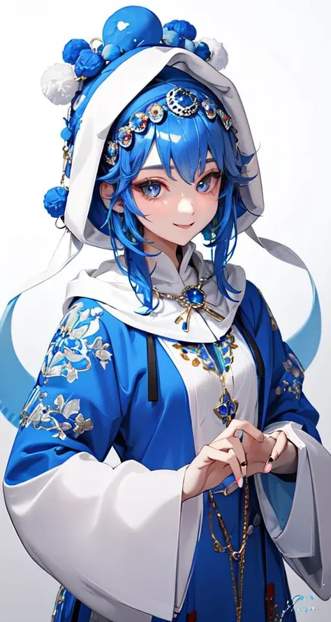 masterpiece,best quality,1girl,blue hair,medium hair,hood up,jewelry,simple background,<lora:Fxifu:0.5>,Smile,