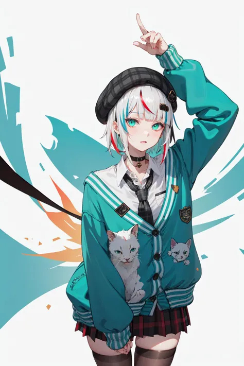 best quality, masterpiece, 1girl, solo, <lora:waccaLily-000100:0.9>, red gradient streaked hair, short hair, white hair, lily (wacca), black beret, plaid skirt, choker, cyan sweater jacket, collared shirt, black plaid necktie, sleeves past fingers, blunt bangs