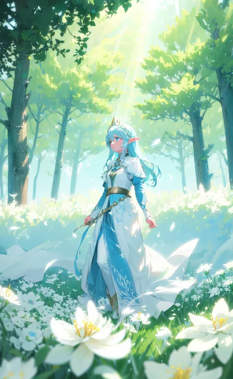 masterpiece, best quality, 1girl, elf adventurer walking through a field of white flowers, sunbeam, volumetric lighting <lora:airconditionerlora:0.8>