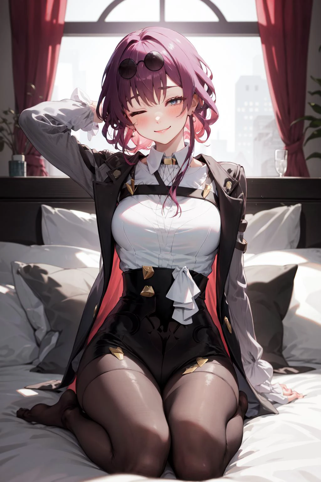 best quality, masterpiece, <lora:kafka:1>, kafka, 1girl, solo, looking at viewer, blush, sitting, on bed, seductive smile, arms behind head, sunglasses, eyewear on head, collared shirt, seiza, one eye closed, bent over