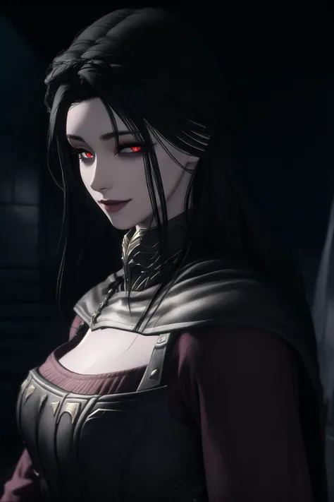 anime, hdr, soft light, ((best quality)), ((masterpiece)), (detailed), dark theme, low key, <lora:Serana_10_10:0.7> serana, looking at viewer, seductive smile, hand on own face, upper body, (dark background:1.1), <lora:LowRA:0.7>