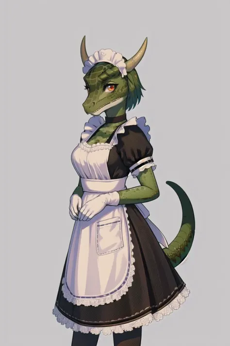 anime, hdr, soft light, ((best quality)), ((masterpiece)), (detailed), pixel, <lora:LustyArgonian_7_10:1> lustyargonian, maid, dress, apron, colored skin, green skin, maid headdress, tail, horns, (scales:1.2), (snout, animal nose:1.1), (looking at viewer:1.1), captivating pose, simple background, <lora:pixel_f2:0.3>