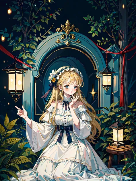 (masterpiece, top quality, best quality, official art, beautiful and aesthetic:1.2),  best quality,  extremely detailed wallpaper, full body,
1girl,solo, <lora:littledog:0.7>, very long blonde hair, ribbon,  white dress, detailed face and eyes, (holding a  lantern), sitting pose
forest, (in the dark night), glowing, fluorescent, (low key lighting), (depth of field), bokeh