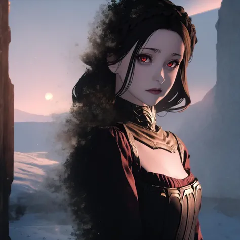 anime, hdr, soft light, ((best quality)), ((masterpiece)), (detailed), <lora:Serana_5_10:0.7> serana, 1girl, red eyes, black dress, red long sleeves, (looking at viewer:1.1), DisintegrationEffect, sad, outdoors, sun, upper body, hand on own face,<lora:DisintegrationEffect:1>