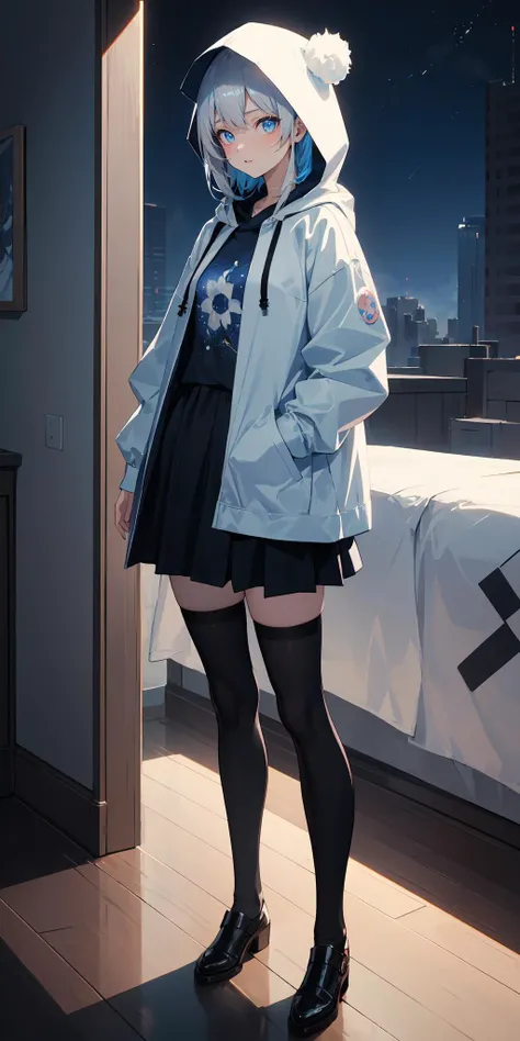 (masterpiece:1.2), best quality, high resolution, ray tracing, light caustics effect, (1 anime girl:1.1), beautiful detailed eyes, beautiful midnight sky, milky way, zettai ryouiki, loose-fitting silhouette hooded blouson, oversized t-shirt, opened clothes, a light gray hair blue dyed ends, standing on the rooftops, glowing skin, cool stance
