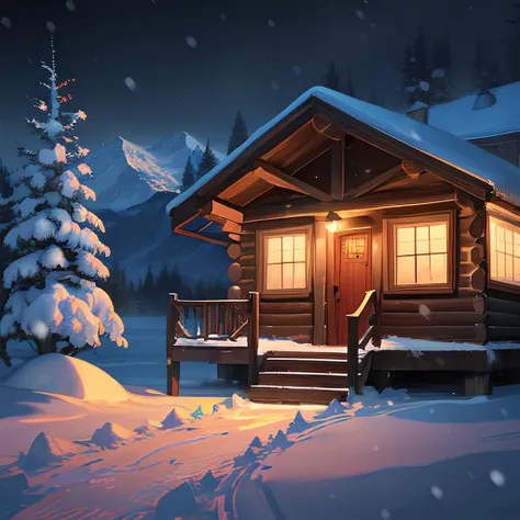 masterpiece, best quality, night, snow, snowing, mountains, wooden cabin, cabin light, dark night