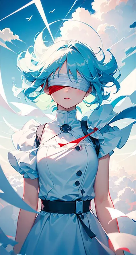 (red-blindfold:1.2), masterpiece, best quality, movie still, 1girl, floating in the sky, cloud girl, cloud, (close-up:1.1), bright, happy, fun, soft lighting, (Bauhaus, shapes, lines, abstract:1.1)